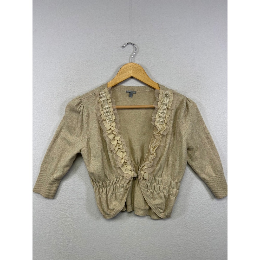 Charlotte Russe Coquette Romantic Women S Tan Ruffle Pearl‎ Cropped Cardigan